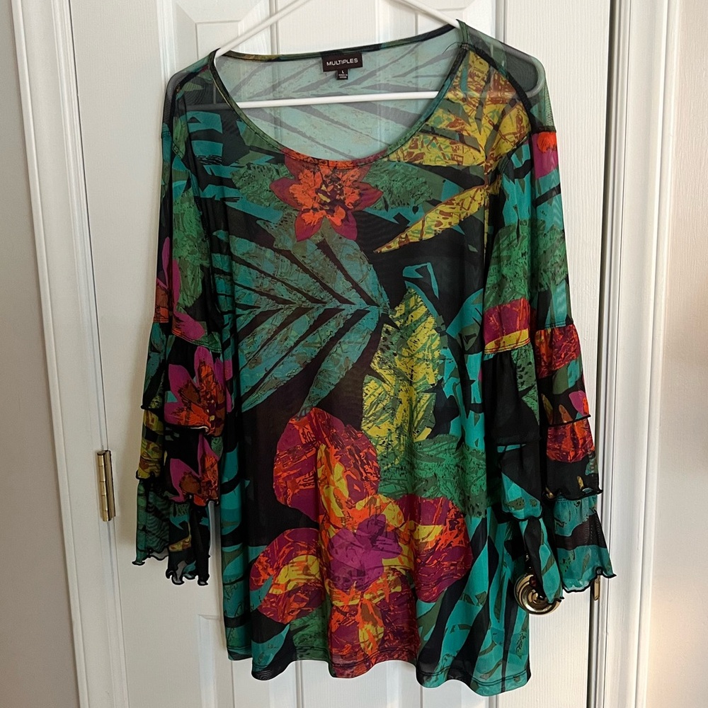 MULTIPLES FLORAL TROPICAL MESH TOP/SWIMSUIT COVER UP